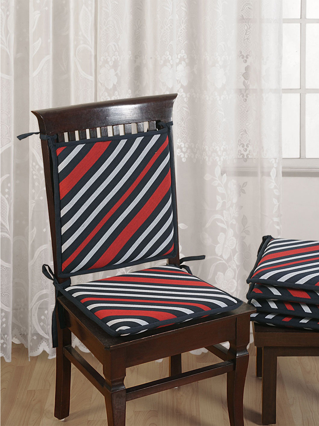 Swayam Set of 4 Navy Blue & Red Striped Chair Pads with Loops
