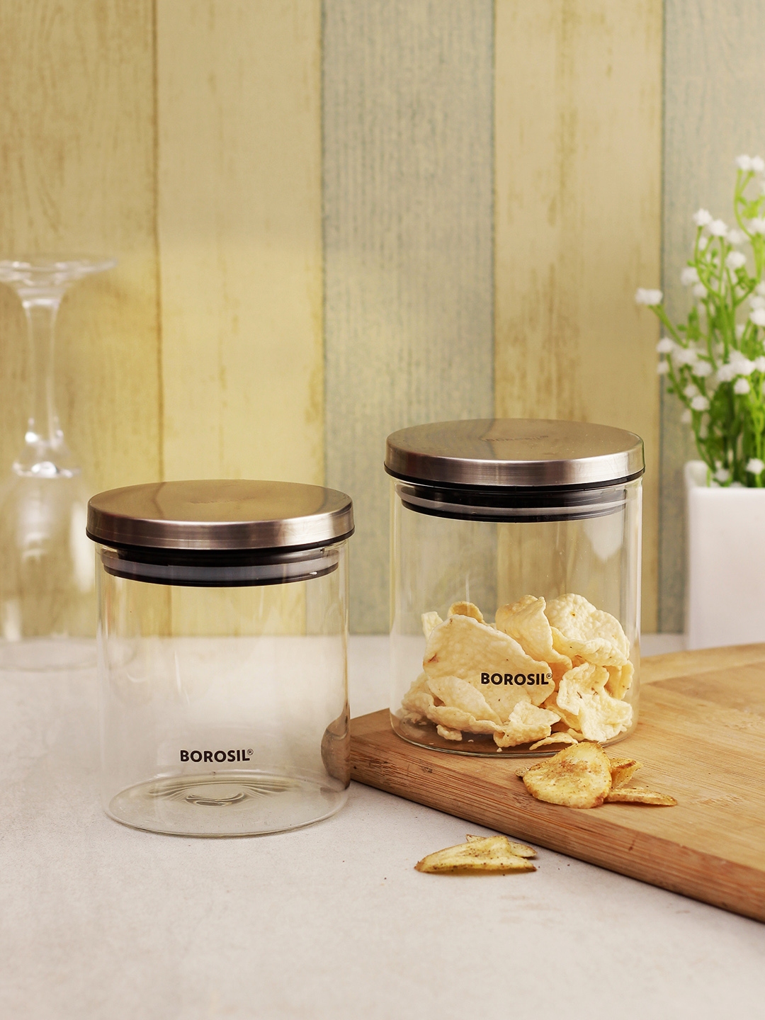 BOROSIL Set Of 2 Transparent Silver Toned Borosilicate Glass Storage Containers With Lids