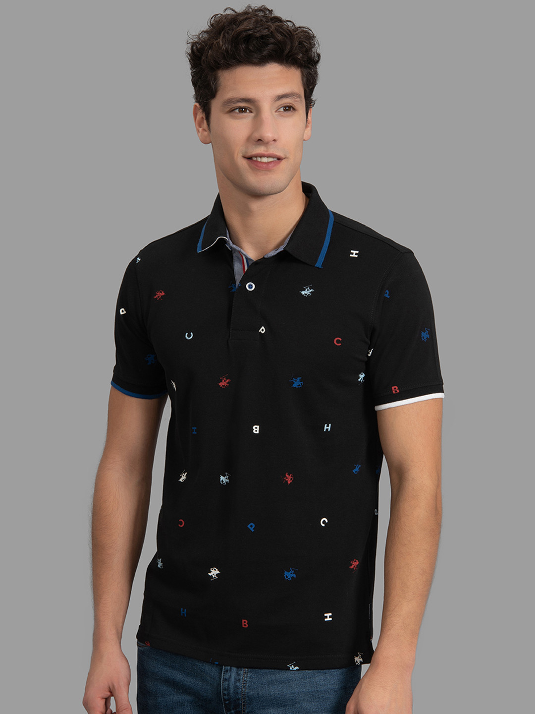 Beverly Hills Polo Club Men Black Printed Polo Collar T-shirt