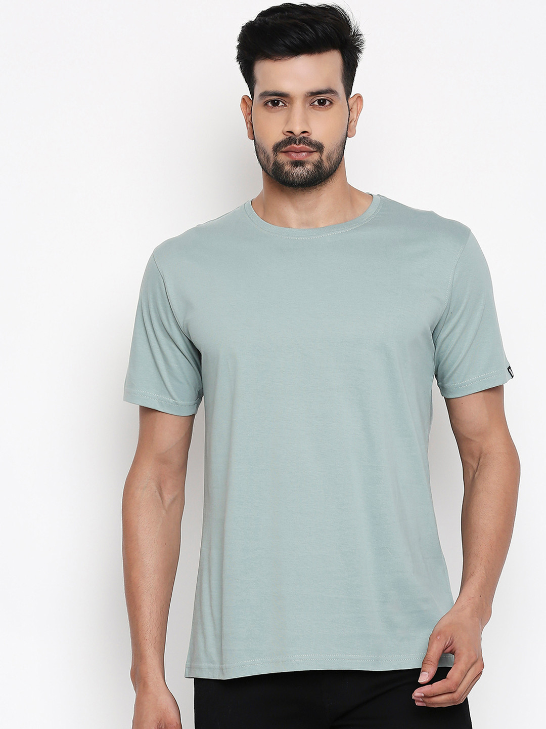 The Souled Store Men Mint Green Solid Round Neck Pure Cotton T-shirt