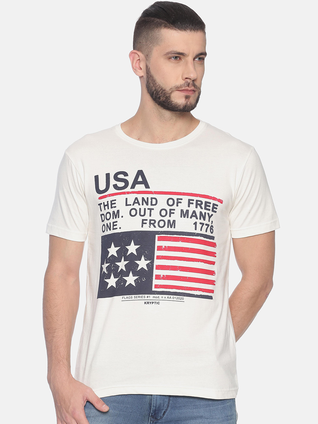 Kryptic Men Off-White Blue USA Flag Print Pure Cotton T-shirt