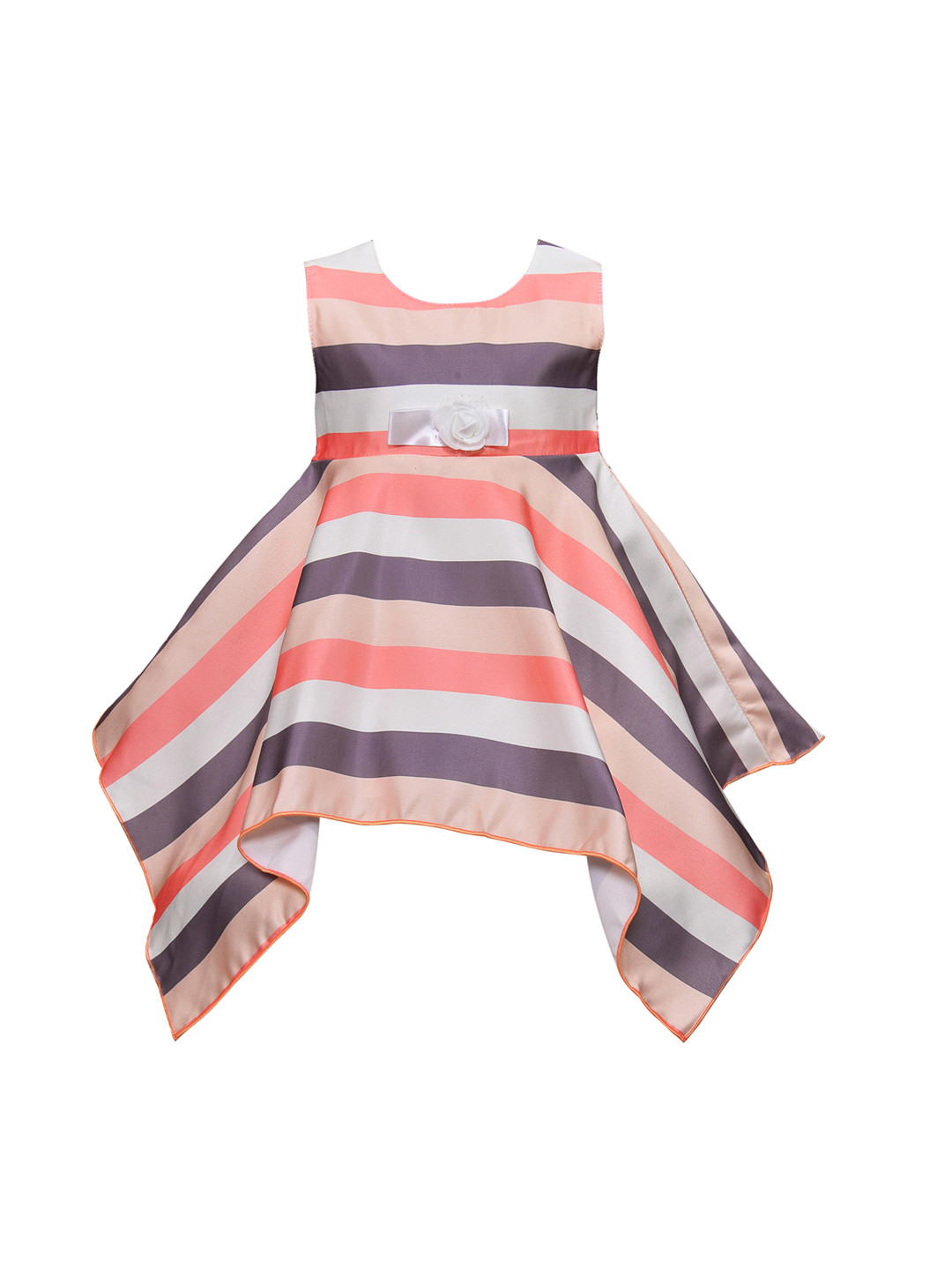 Wish Karo Girls Peach-Coloured & Grey Striped Fit and Flare Dress