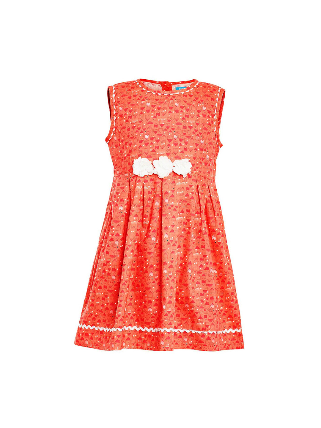 Miyo Girls Orange Printed Fit and Flare Dress