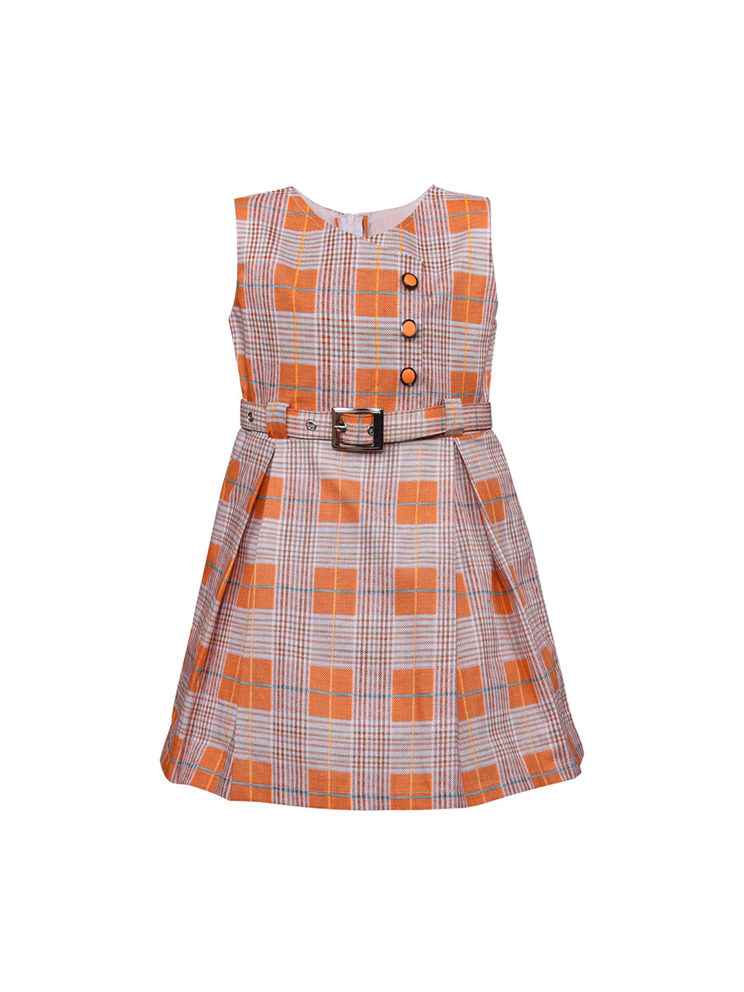 Wish Karo Girls Orange Checked Fit and Flare Dress