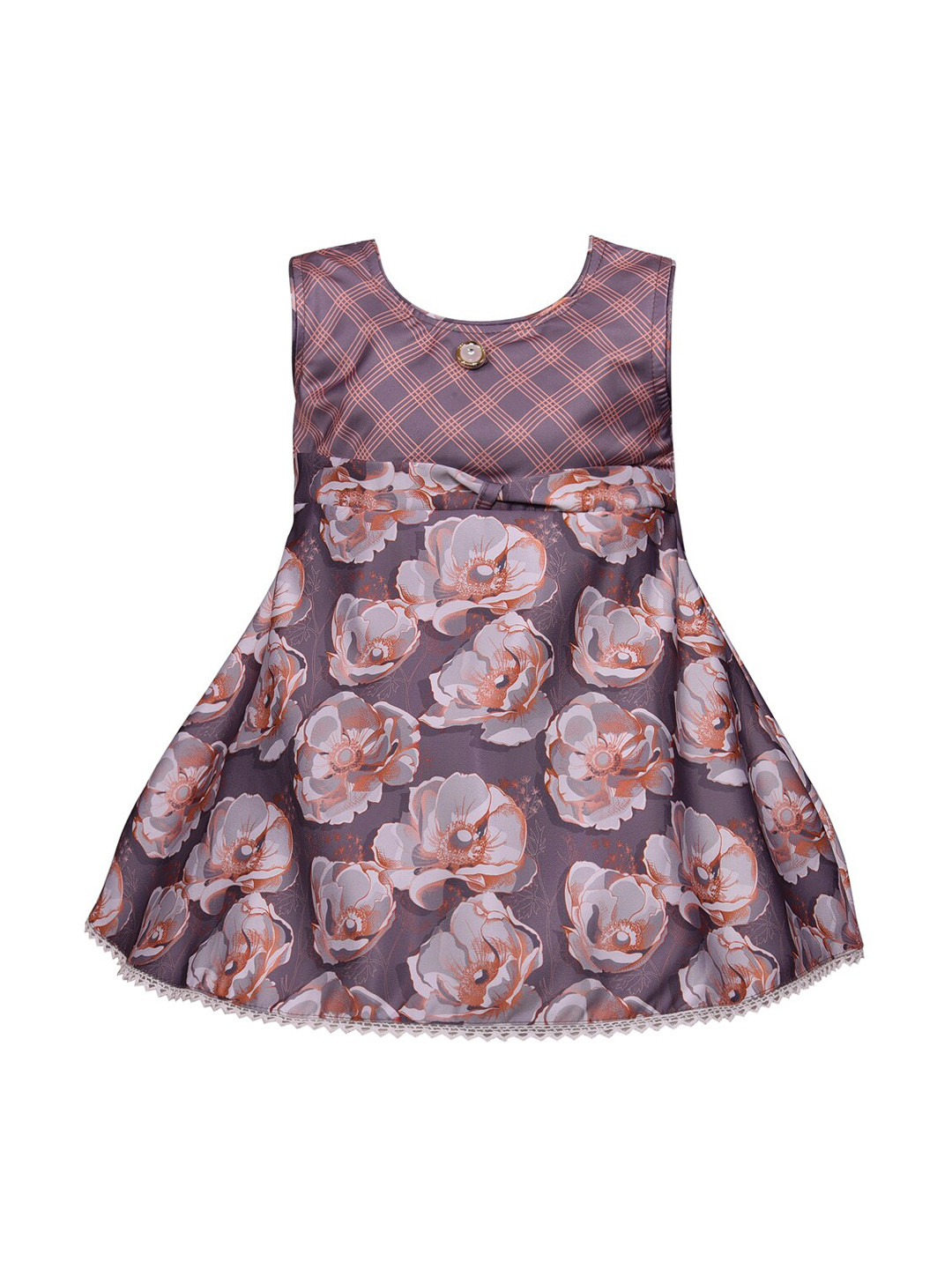 Wish Karo Girls Grey & Peach-Coloured Floral Printed A-Line Dress