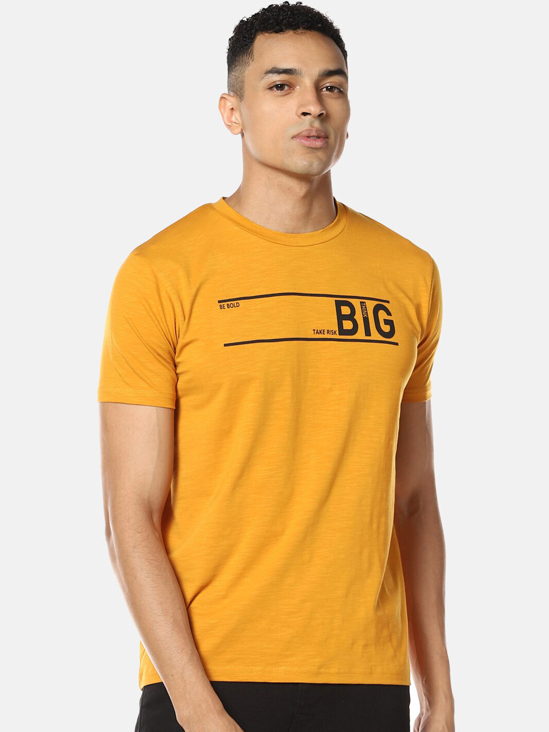 CAHOOT Men Mustard Yellow Printed Round Neck T-shirt