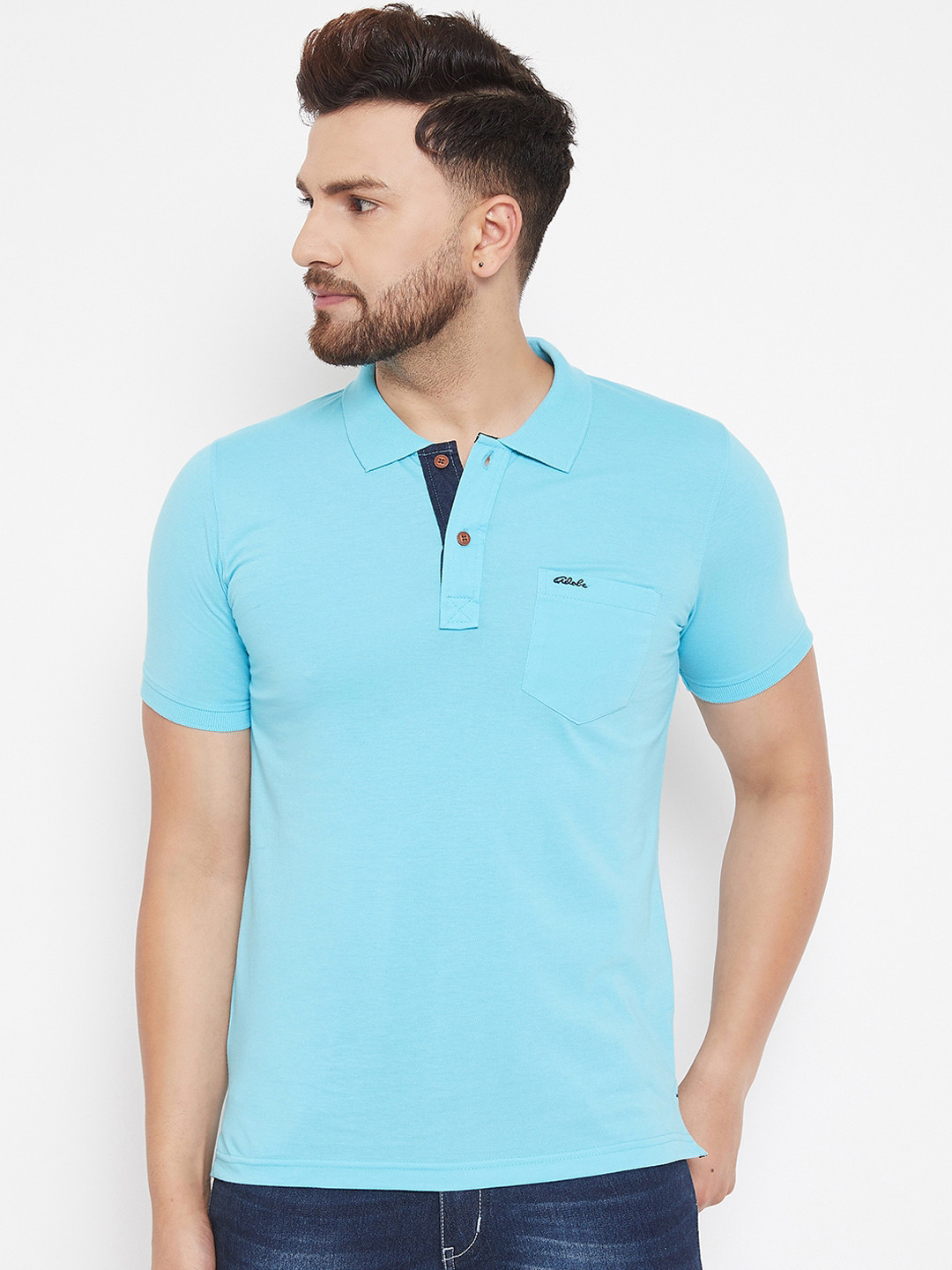 Adobe Men Blue Solid Polo Collar T-shirt
