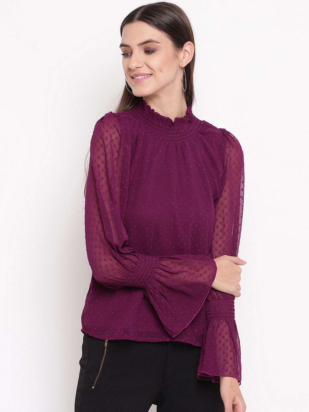 AKIMIA Women Purple Self Design Dobby Top