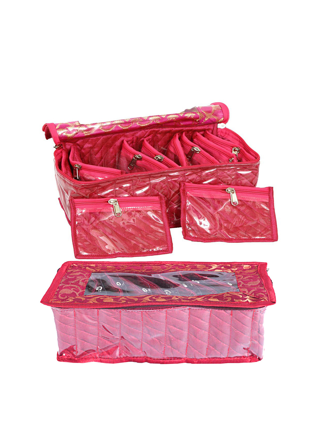 Kuber Industries Set Of 2 Pink & Gold-Toned Self Design Jewellery Organisers With 10 Transparent pouches
