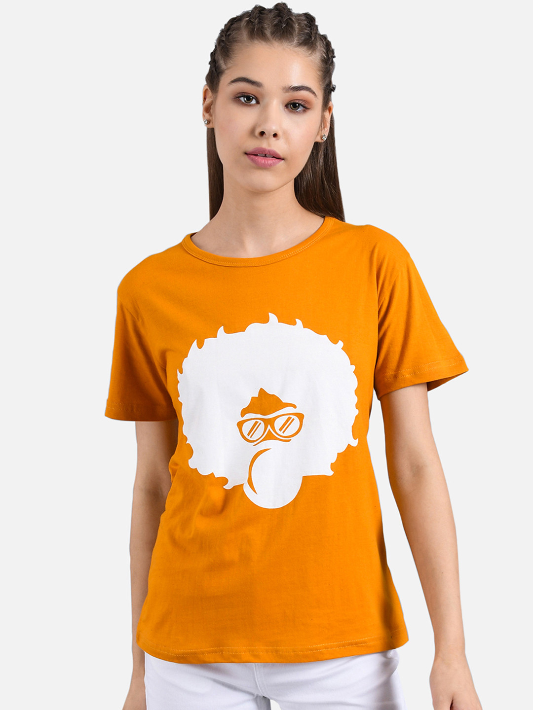 Kotty Women Yellow & White Printed Round Neck T-shirt