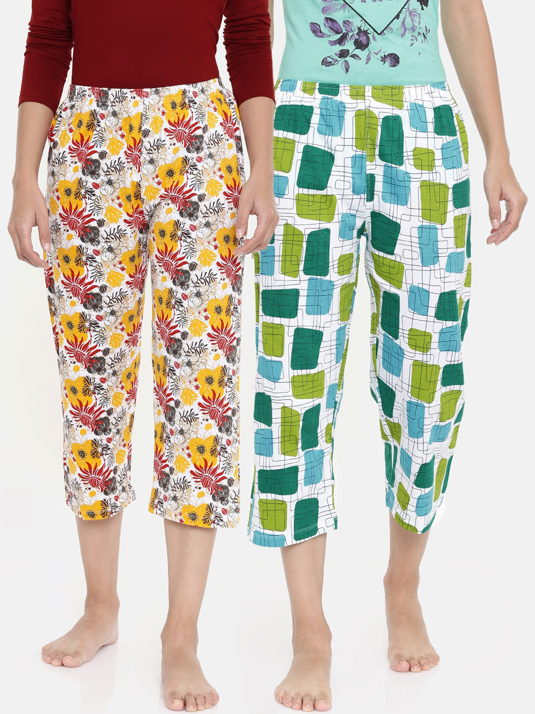 zebu Women Pack Of 2 Yellow & Green Printed Regular Fit 3/4th Lounge Pants