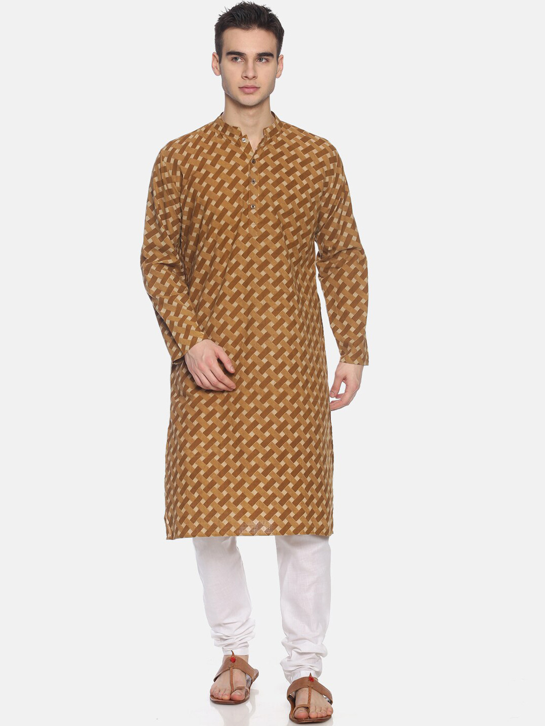 PAROKSH Men Brown & Beige Printed Straight Kurta