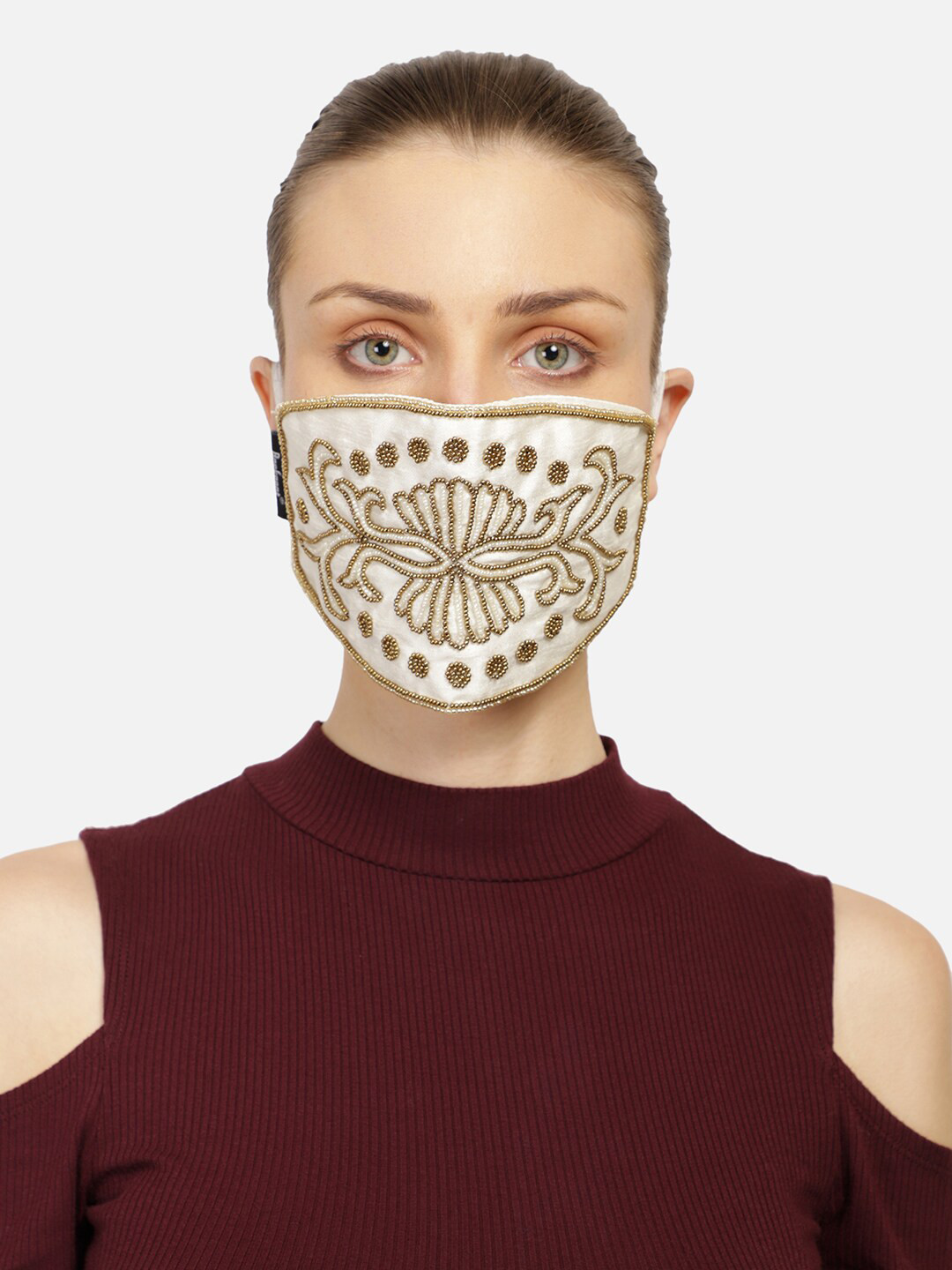 Anekaant Women 3-Ply White & Gold-Coloured Art Silk Embellished Cloth Mask