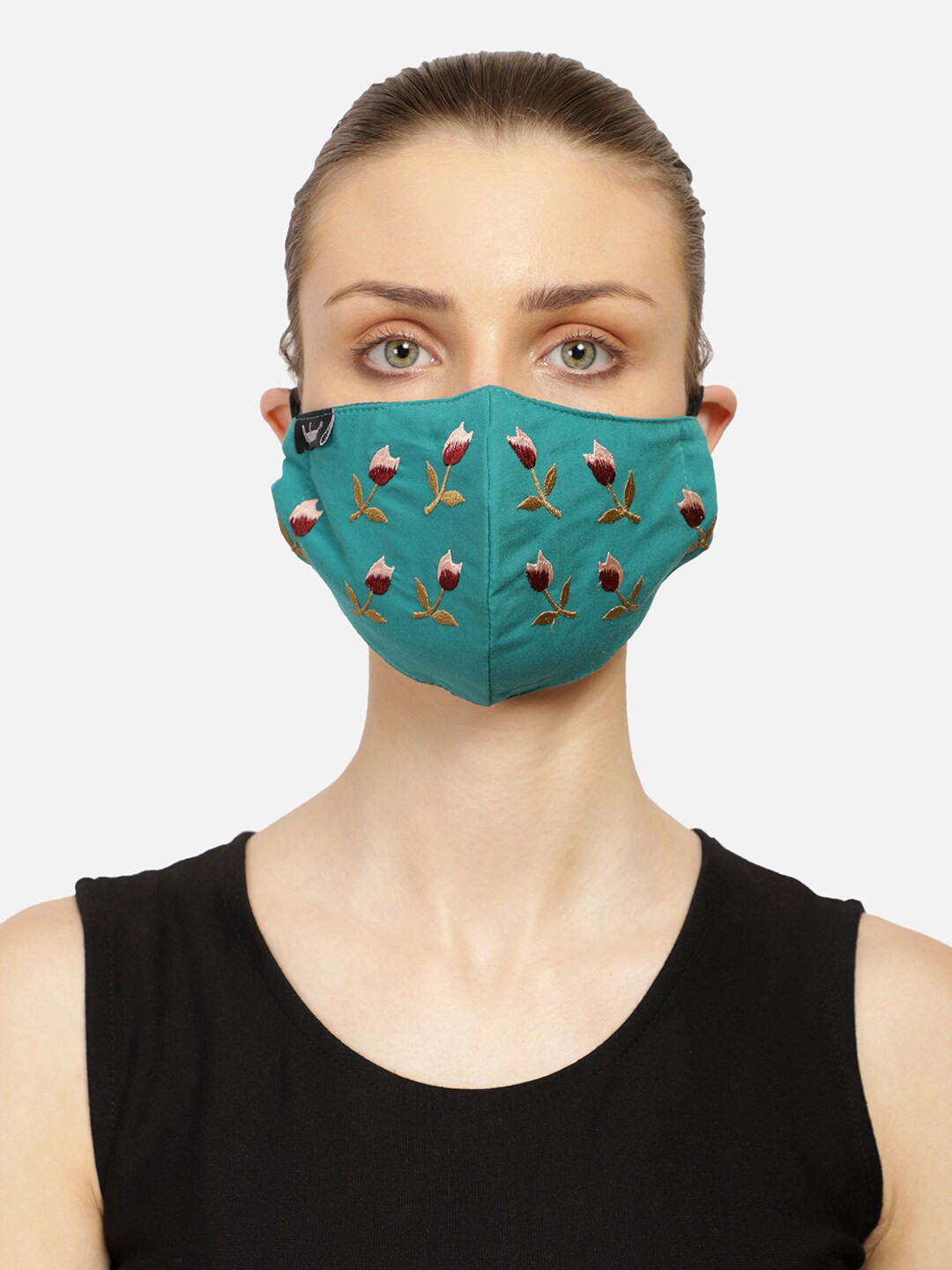 Anekaant Women Turquoise Blue & White Art Silk Embroidered Reusable 3-Ply Cloth Mask