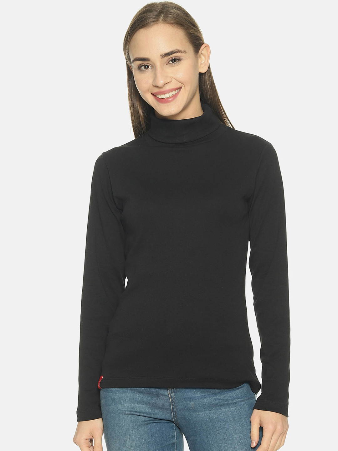FEMEA Women Black Solid Turtle Neck Pure Cotton Top