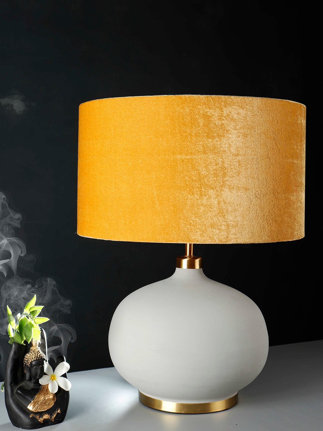 Grated Ginger Yellow & Grey Solid Handcrafted Buffet Table Top Lamp with Shade