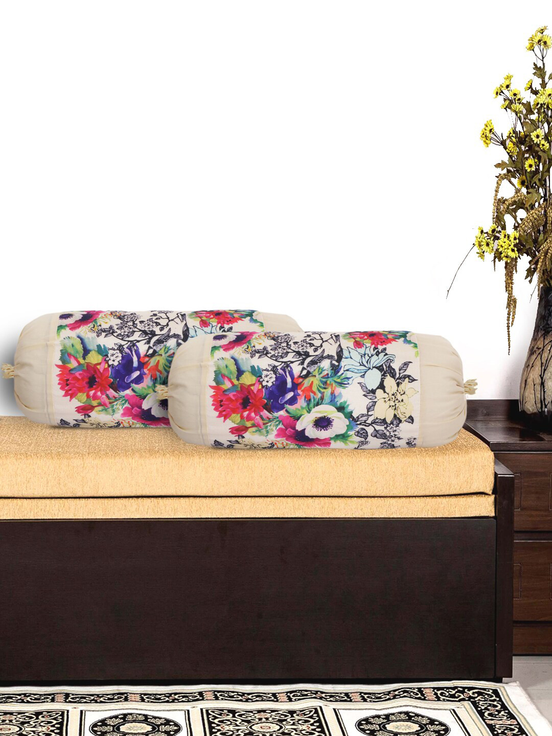 Kuber Industries Set Of 2 Cream-Coloured & Pink Floral Design Bolster Covers
