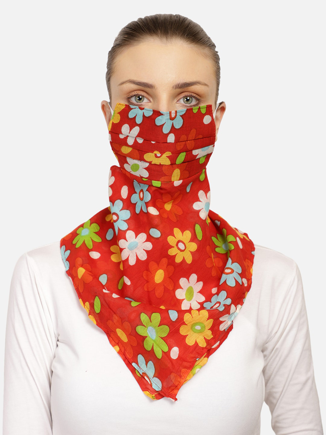 Anekaant Women Red Printed 3-Ply Reusable Scarf Style Fashion Mask