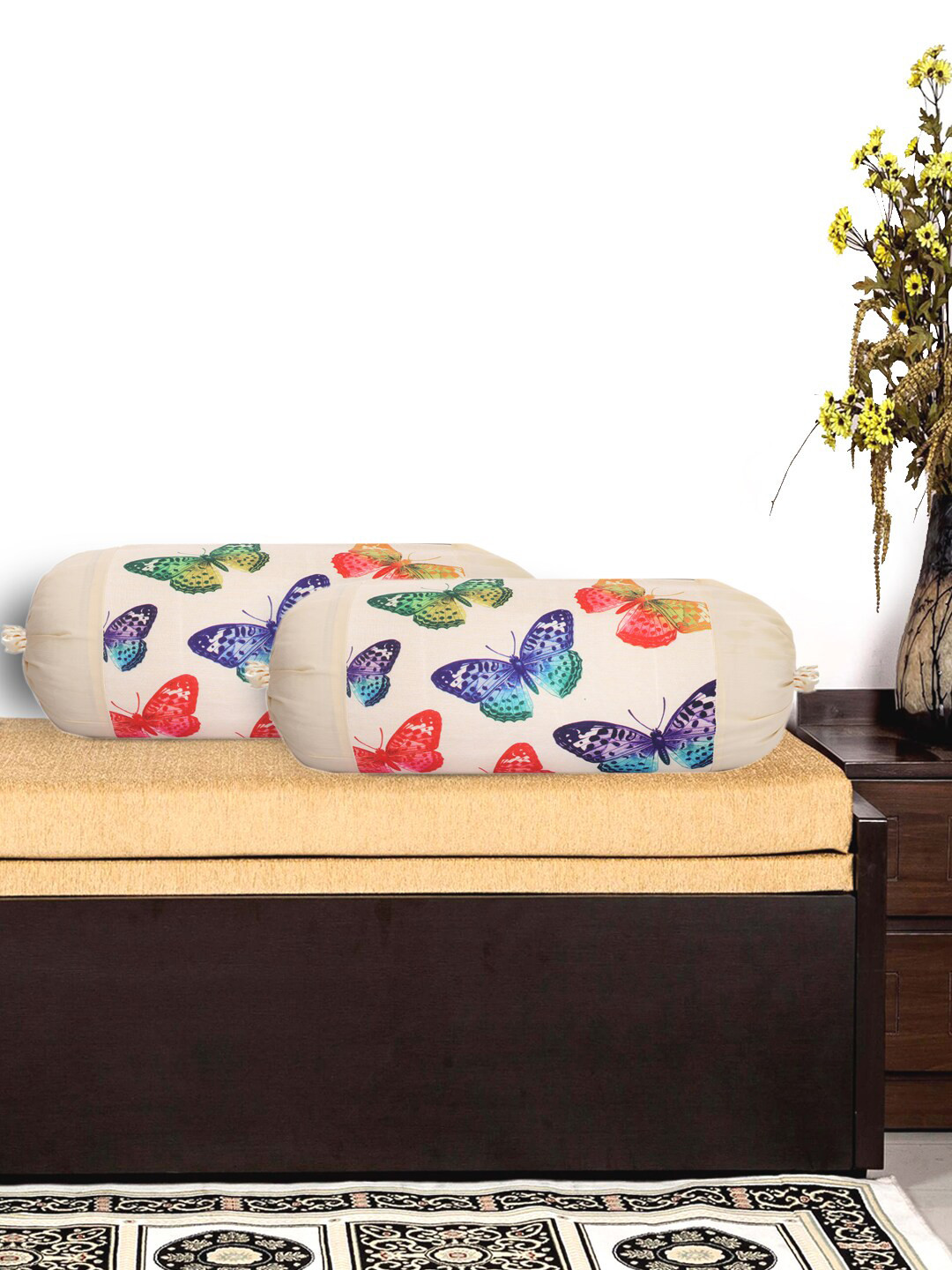 Kuber Industries Set Of 2 Cream-Coloured & Green Butterfly Design Bolster Covers