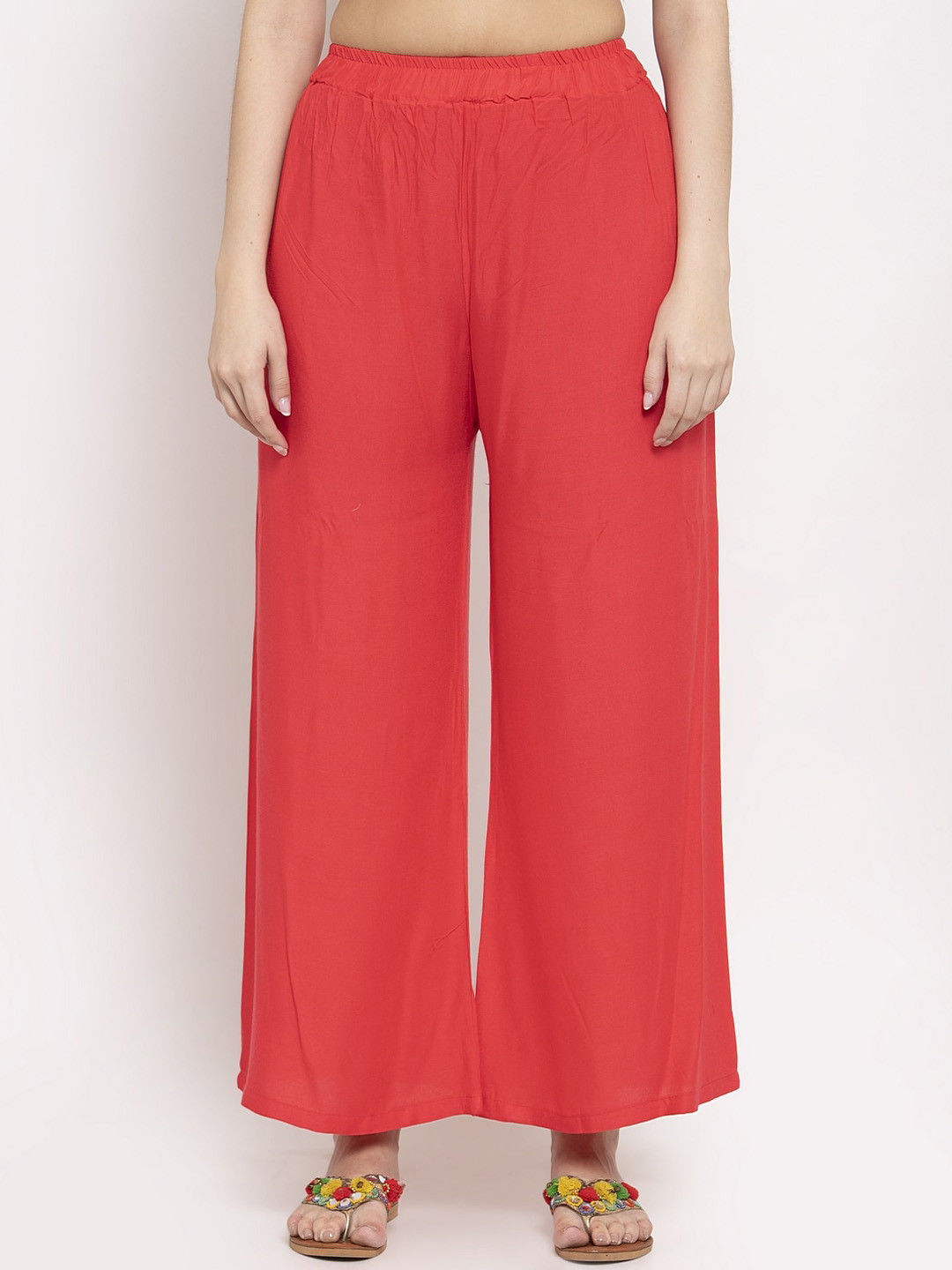 TAG 7 Women Coral Red Solid Straight Fit Palazzos