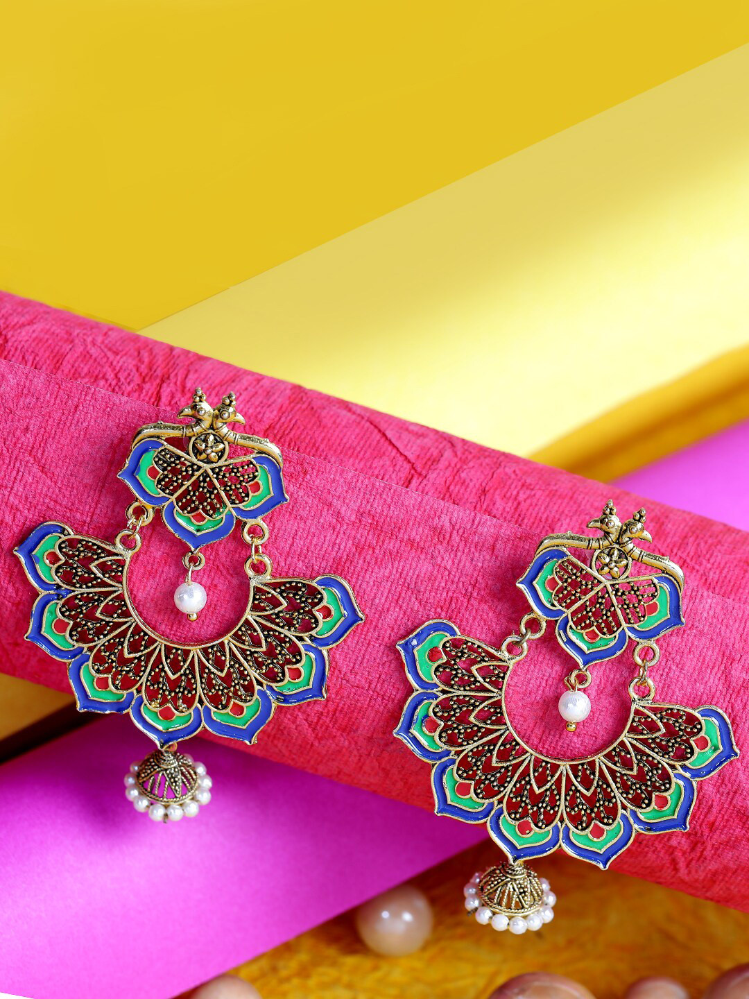 ANIKAS CREATION Turquoise Blue & Gold-Plated Contemporary Drop Earrings