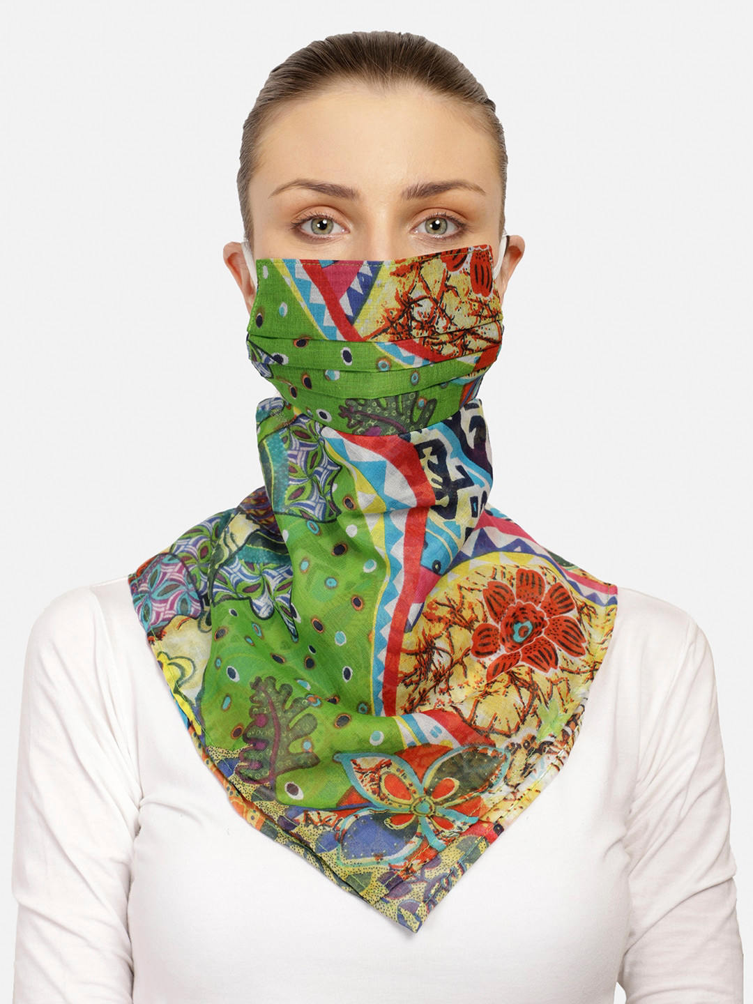 Anekaant Women Green & Pink Printed Cotton Reusable 3-Ply Scarf Style Cloth Mask