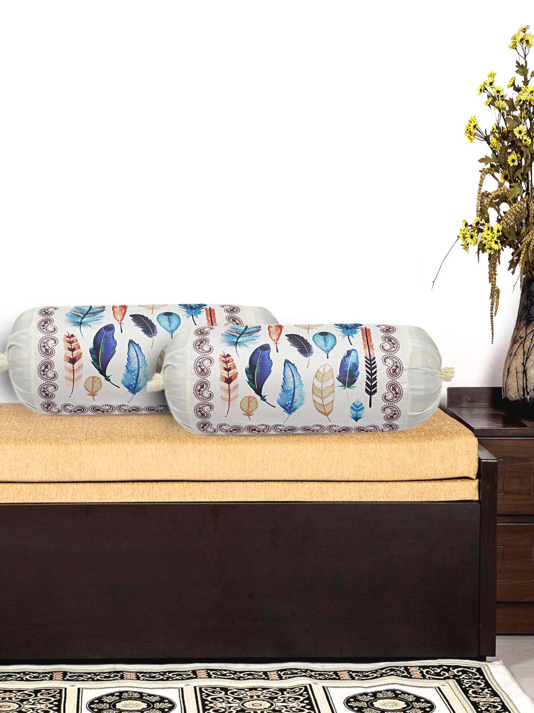 Kuber Industries Set Of 2 Cream-Coloured & Blue Wings Design Bolster Covers