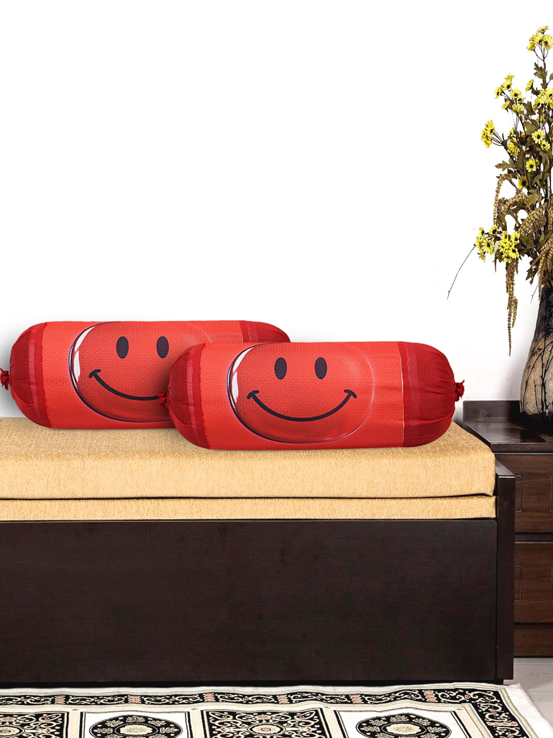 Kuber Industries Set Of 2 Maroon & Red Smiley Emoji Printed Bolster Covers