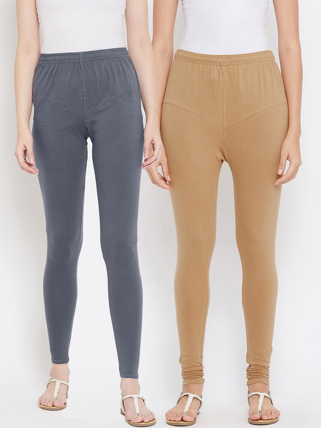 Tulsattva Women Pack Of 2 Camel Brown & Grey Solid Leggings