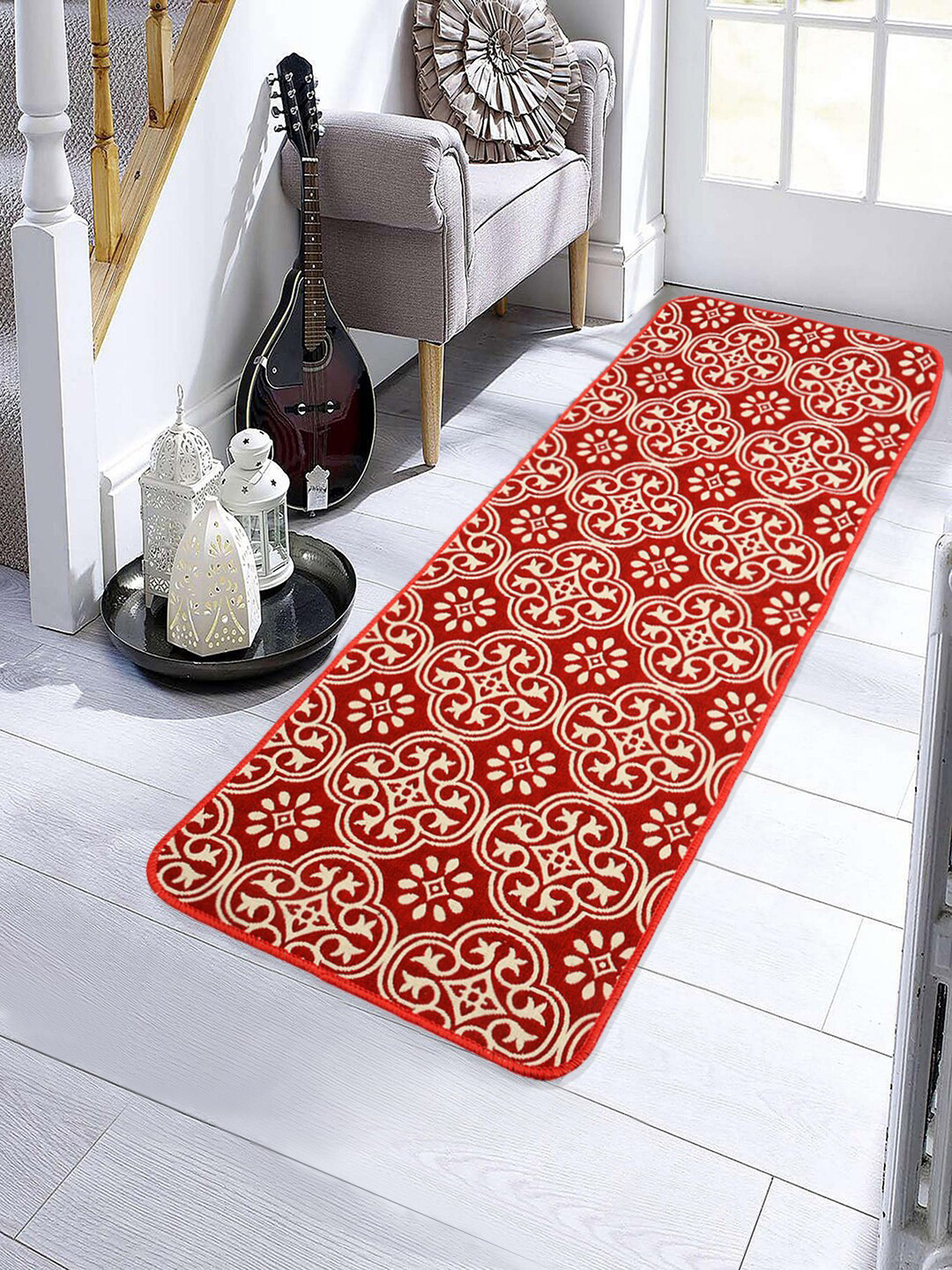 Saral Home Red & White Floral Jacquard Anti-Skid Floor Runner