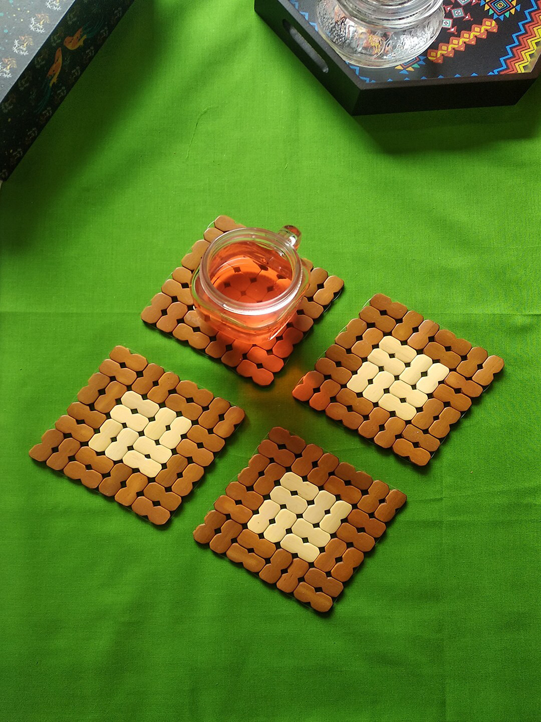 CRAYTON Set Of 4 Brown & Off-White Puzzle Patterned Square Bamboo Coasters