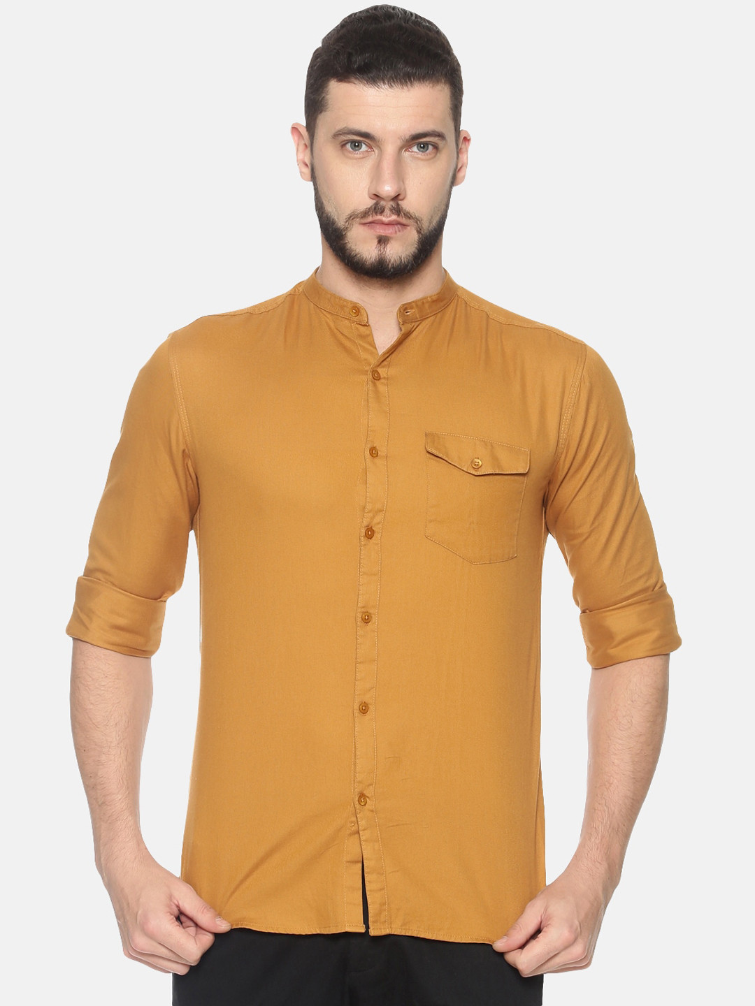 SHOWOFF Men Mustard Yellow Slim Fit Solid Casual Shirt