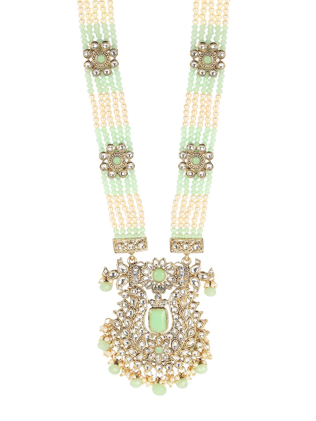 ANIKAS CREATION Gold-Plated Sea-Green & Off-White Kundan-Studded Pearl Handcrafted Jewellery Set