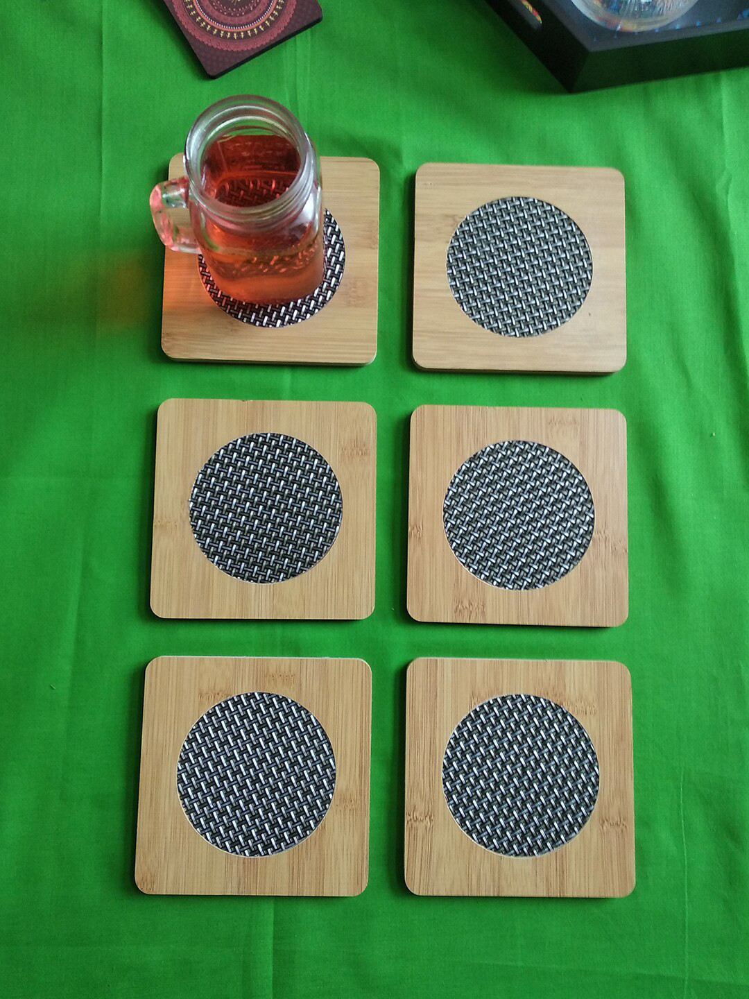 CRAYTON Set Of 6 Brown & Grey Mesh Patterned Square Bamboo Coasters