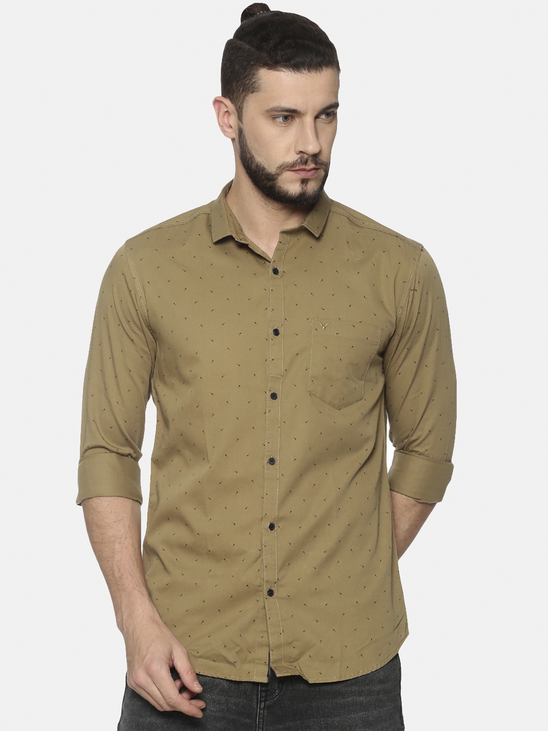 SHOWOFF Men Khaki Brown Slim Fit Printed Casual Shirt