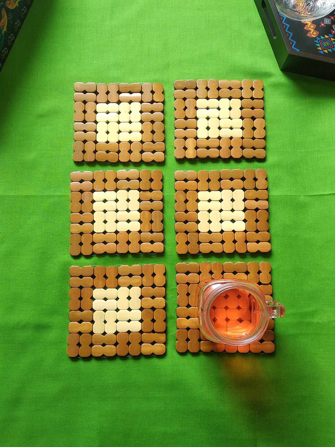 CRAYTON Set Of 6 Brown & Off-white Puzzle Patterned Square Bamboo Coasters