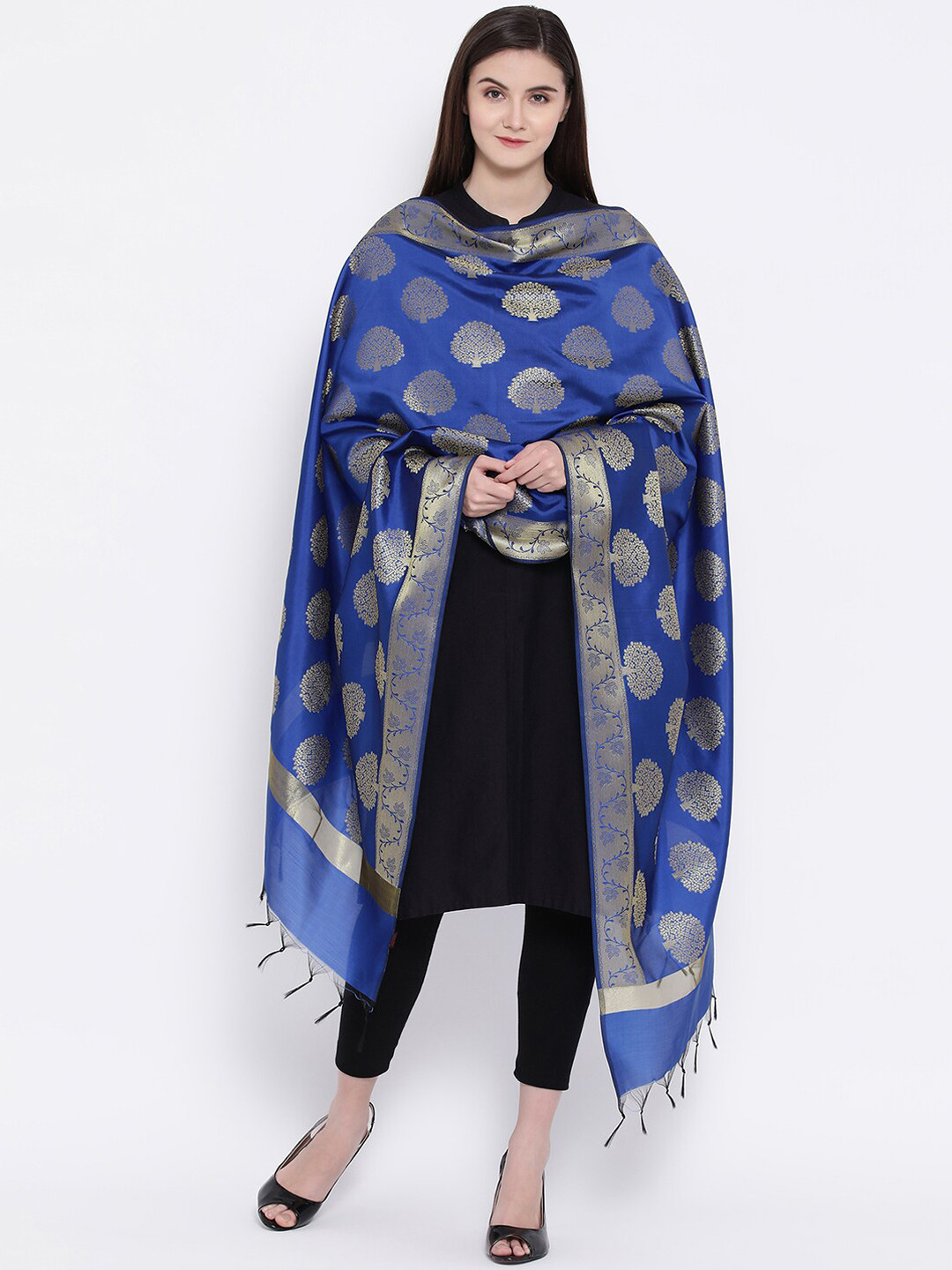 SHINGORA Blue & Gold-Coloured Woven Design Anti-Viral Coated Dupatta