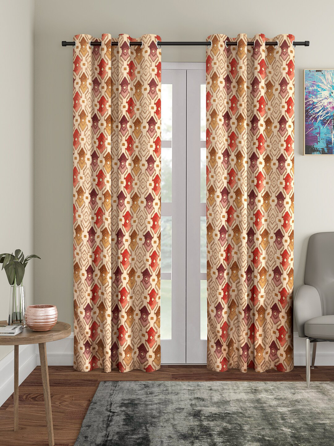 KLOTTHE Beige & Red Set of 2 Door Curtains