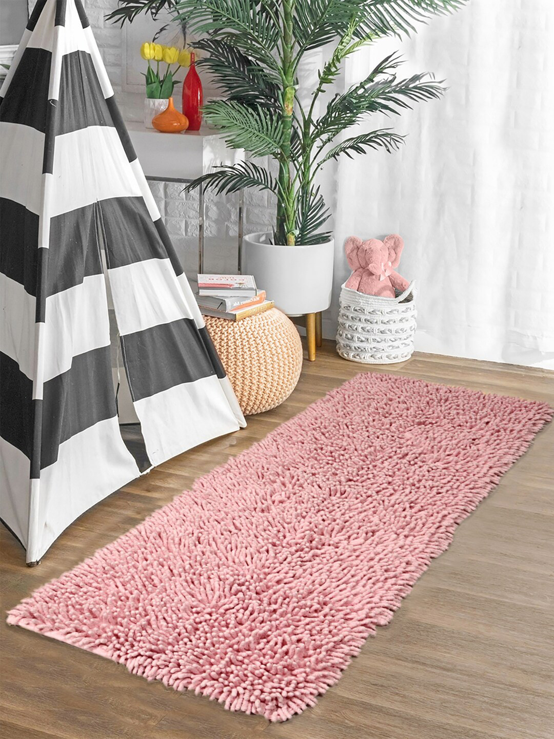 Saral Home Pink Solid Tufted Shaggy Anti-Skid Floor Runner