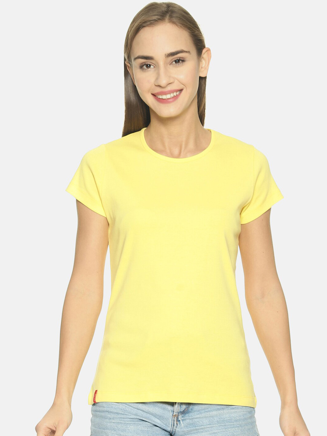 FEMEA Women Yellow Solid Round Neck Pure Cotton T-shirt