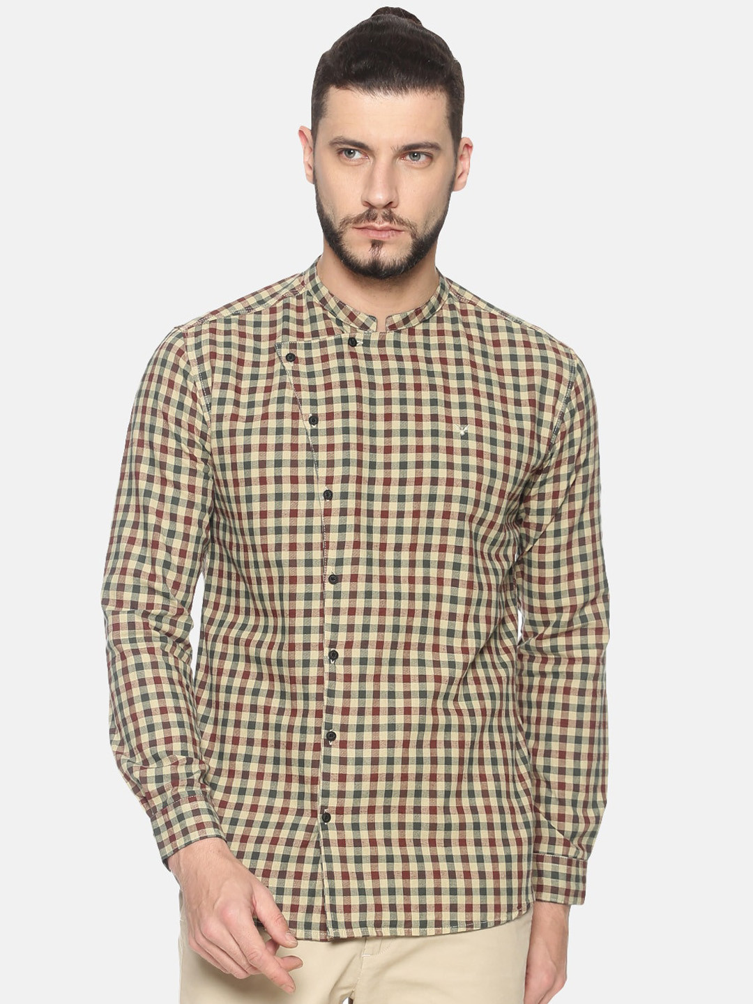 SHOWOFF Men Yellow & Green Slim Fit Checked Casual Shirt
