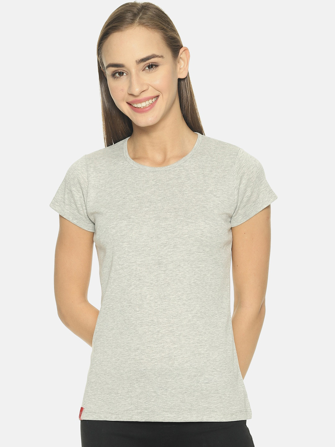 FEMEA Women Grey Solid Round Neck Pure Cotton T-shirt