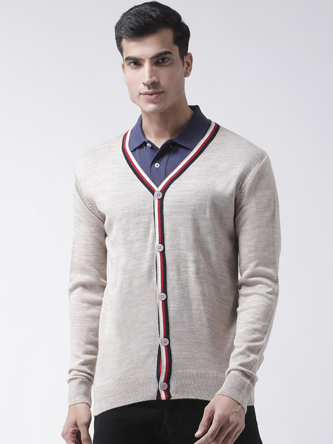 Club York Men Beige Solid Cardigan Sweater