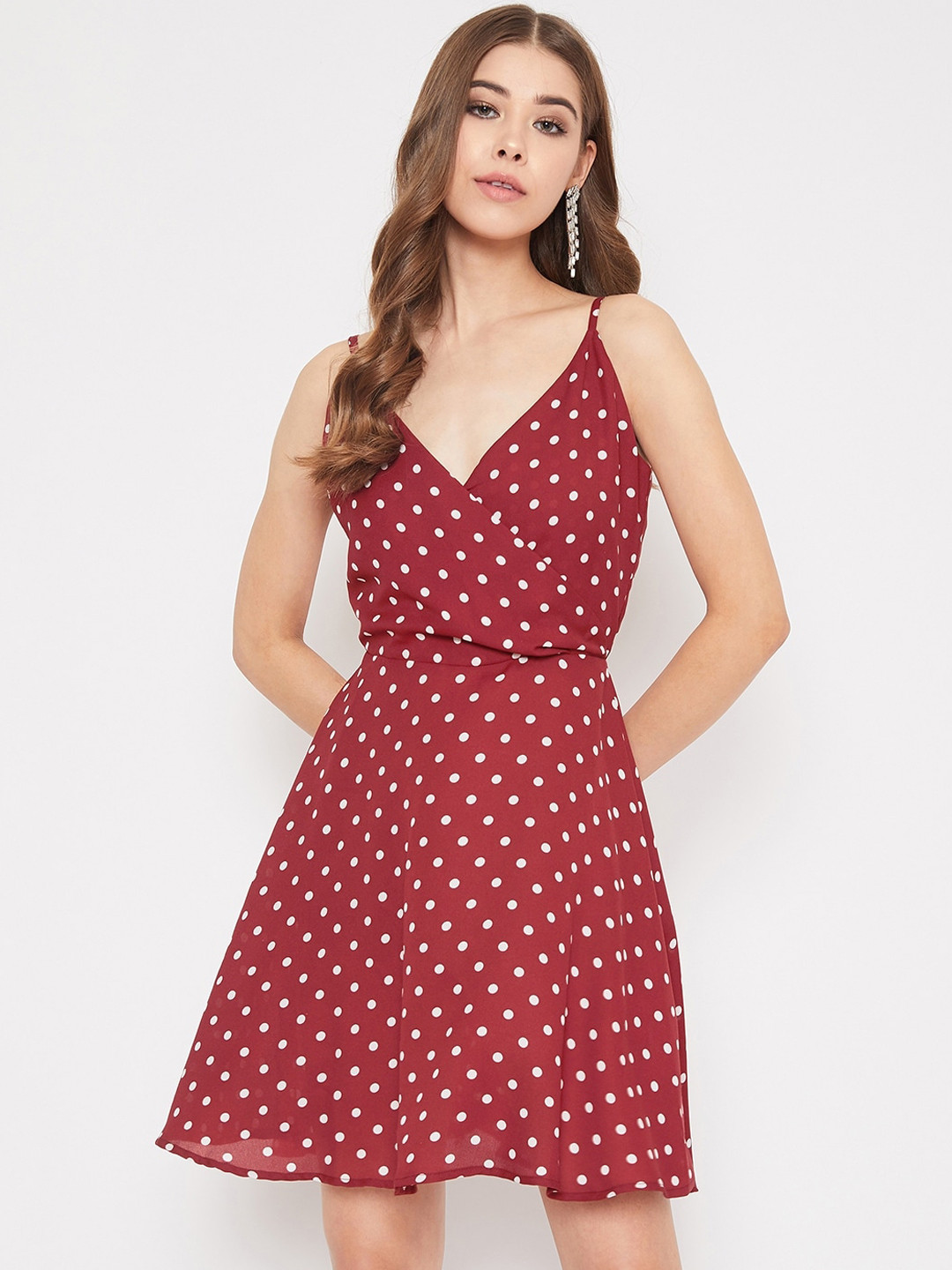 Berrylush Red Polka Dots Printed Fit and Flare Dress