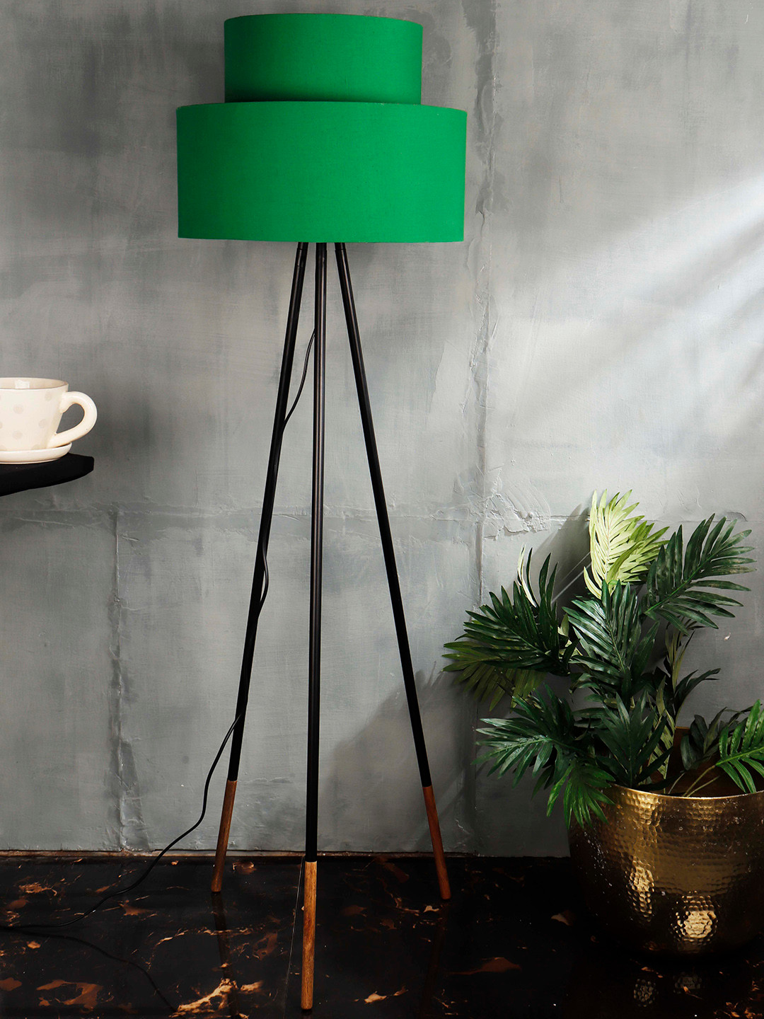 Grated Ginger Green & Black Solid Handcrafted Tripod Lamp with Shade