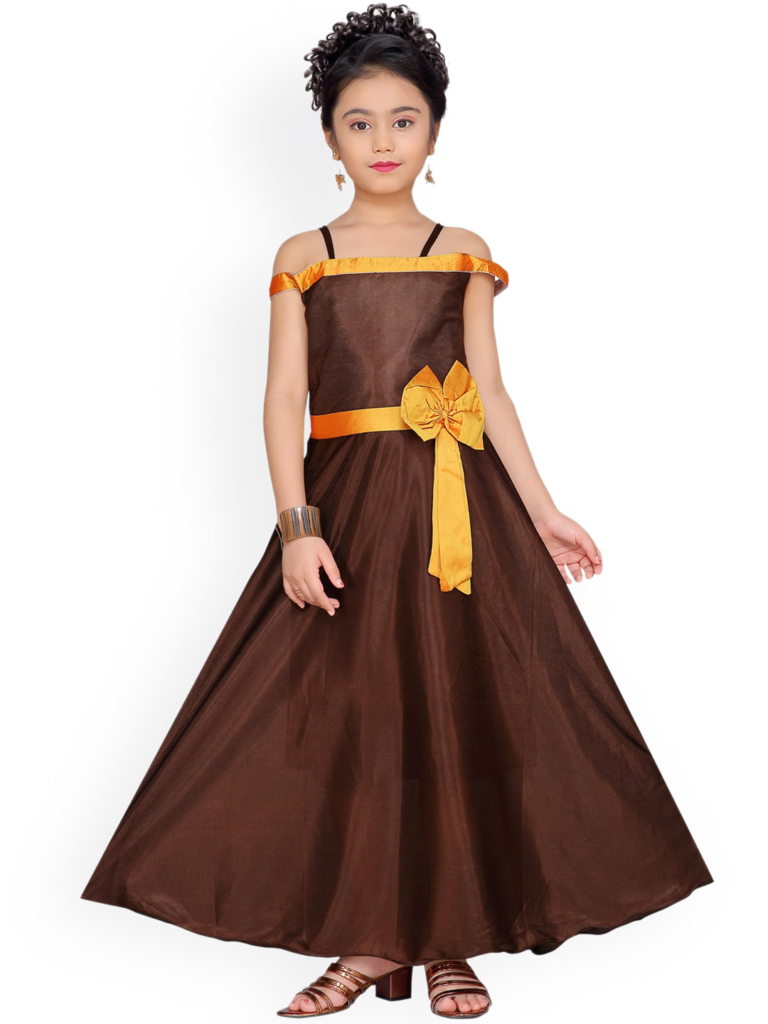 Aarika Girls Coffee Brown Solid Maxi Dress