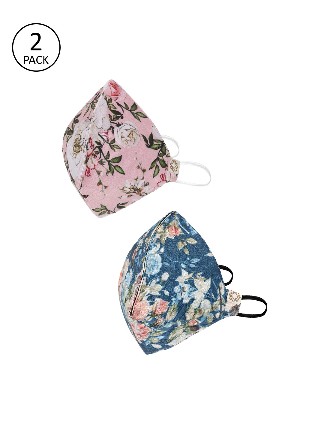 VASTRAMAY Unisex Pack of 2 Pcs Pink & Blue Reusable 4-Ply Cloth Masks With Potli Bag