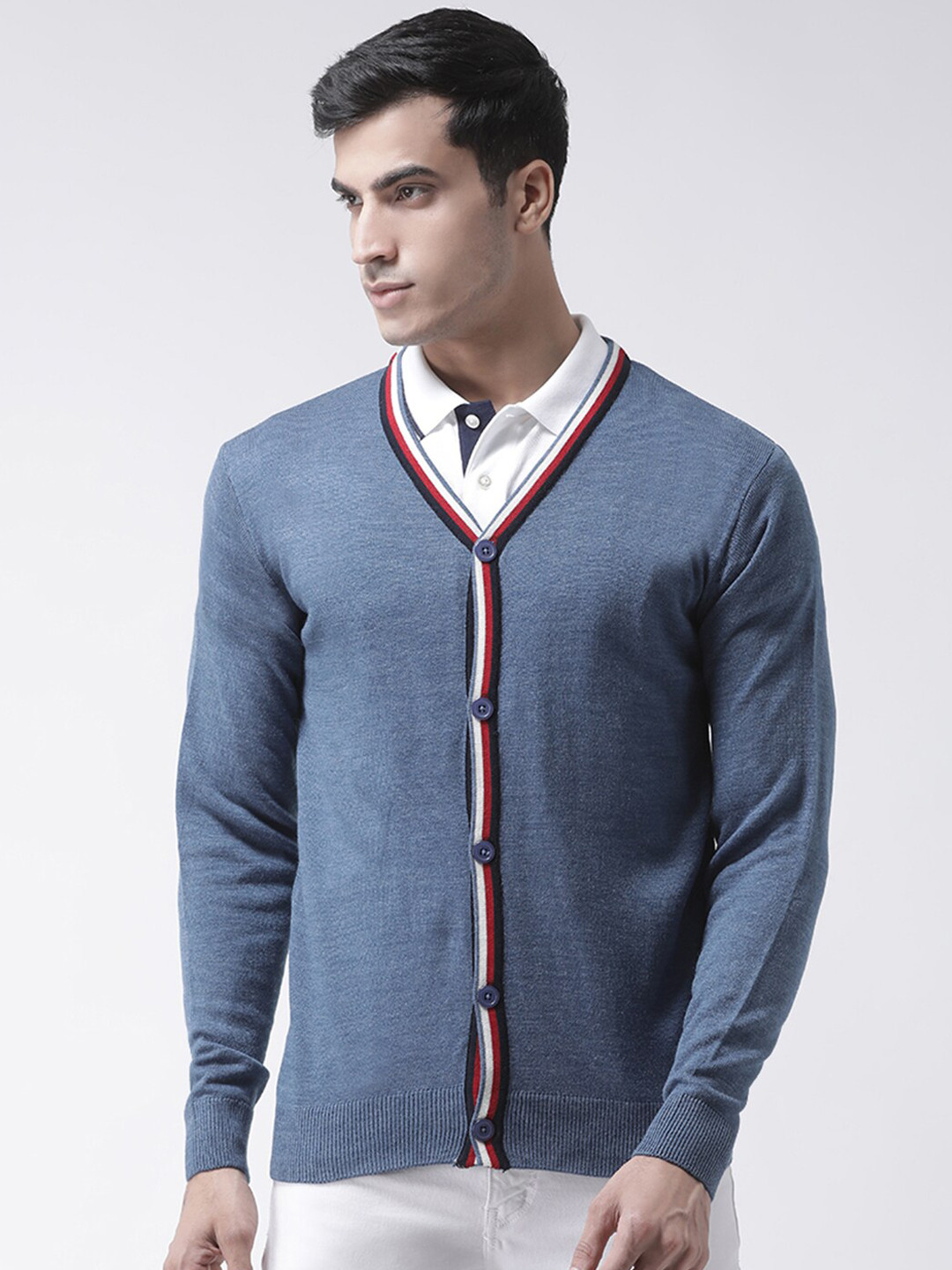 Club York Men Blue Solid Cardigan Sweater