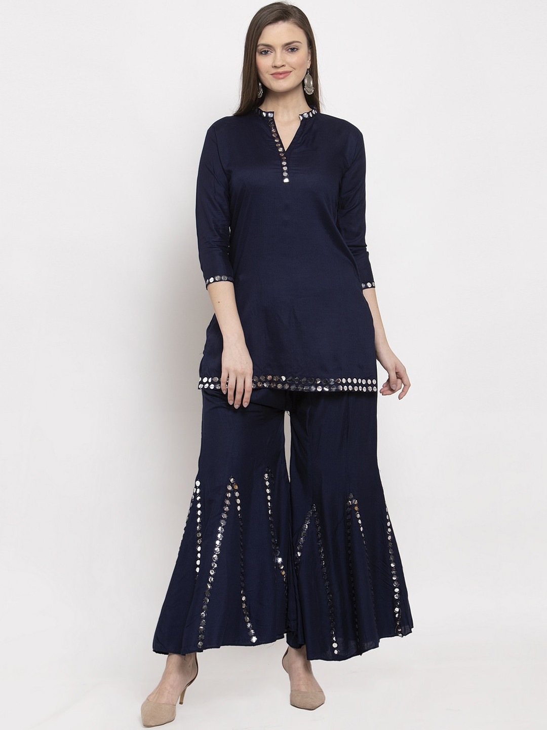 Clora Creation Women Navy Blue Solid Mirror Work Kurti with Sharara