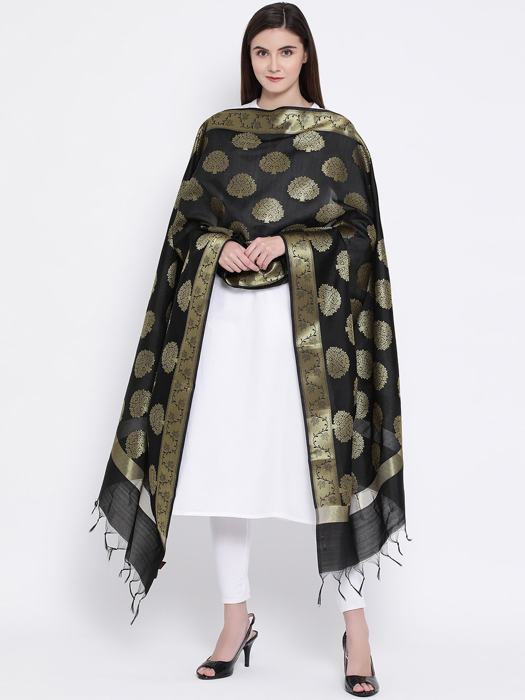 SHINGORA Black & Gold Woven Design Dupatta